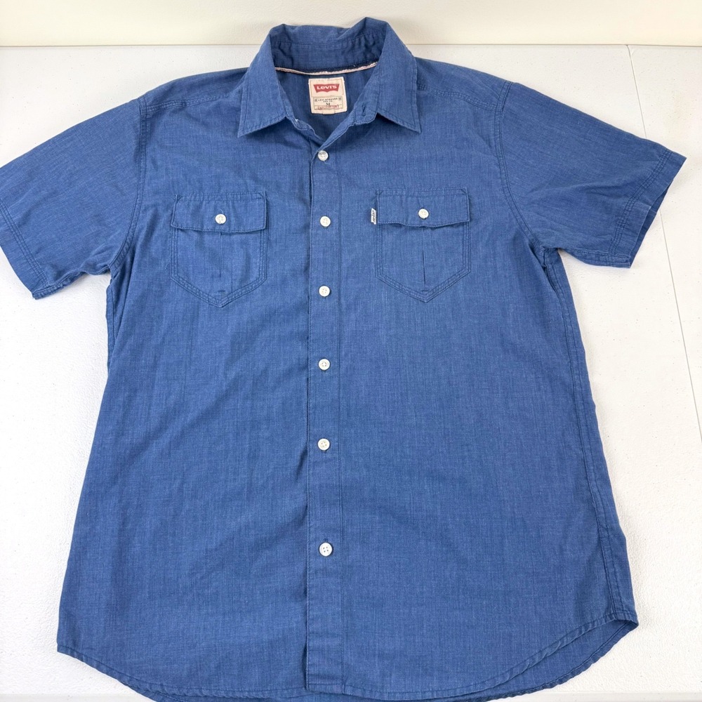 Levis Mens‎ Modern Fit Short Sleeve Button Down Shirt Blue Chambray Medium